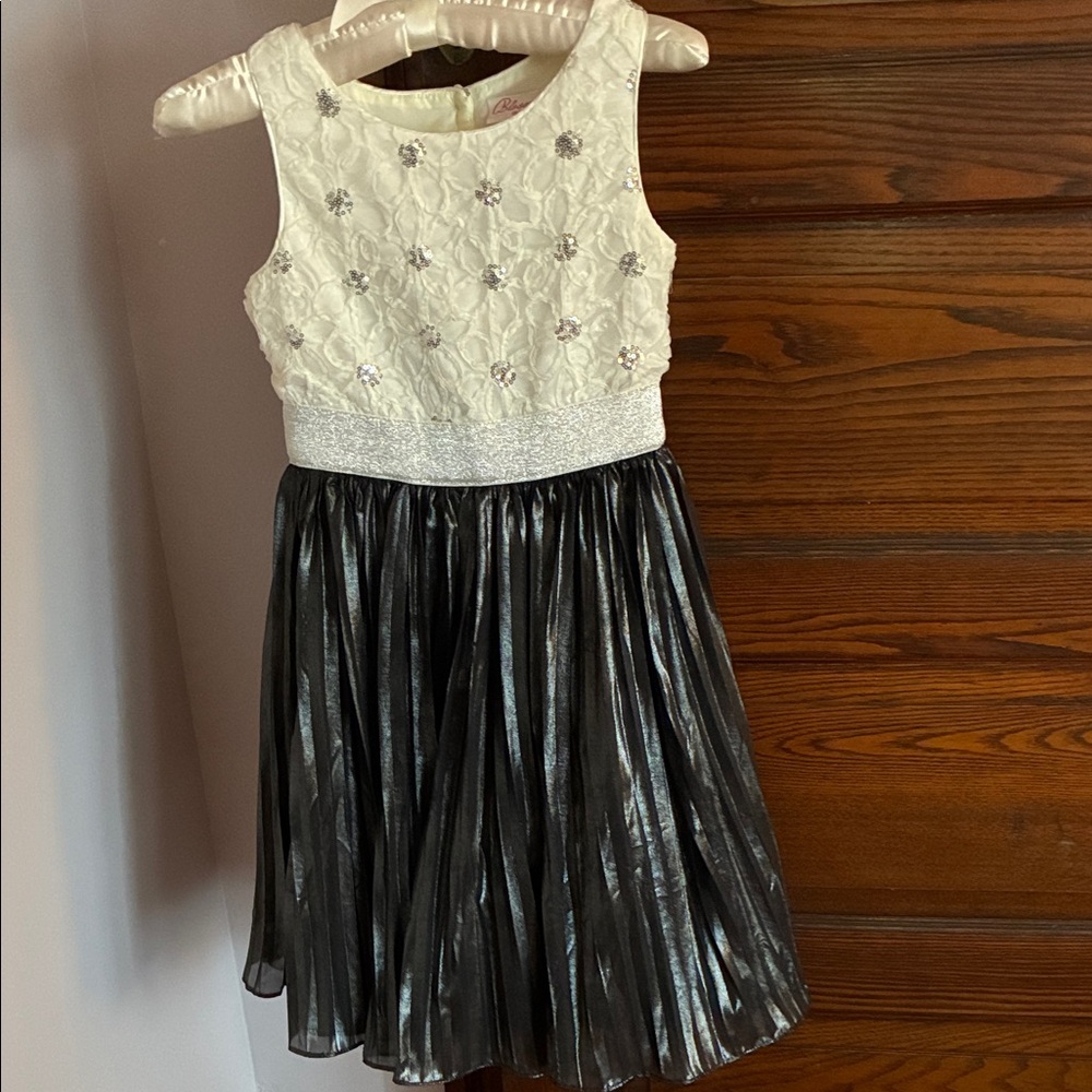Ivory and Silver Girls Metallic Skirt Party Dress